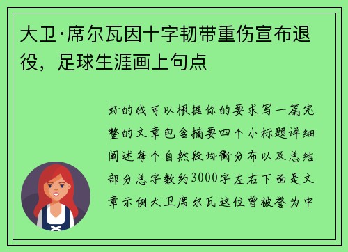 大卫·席尔瓦因十字韧带重伤宣布退役,足球生涯画上句点 大卫·席尔瓦因十字韧带重伤宣布退役,足球生涯画上句点