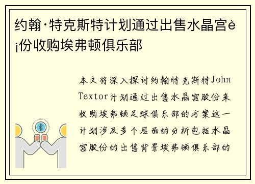 约翰·特克斯特计划通过出售水晶宫股份收购埃弗顿俱乐部 约翰·特克斯特计划通过出售水晶宫股份收购埃弗顿俱乐部